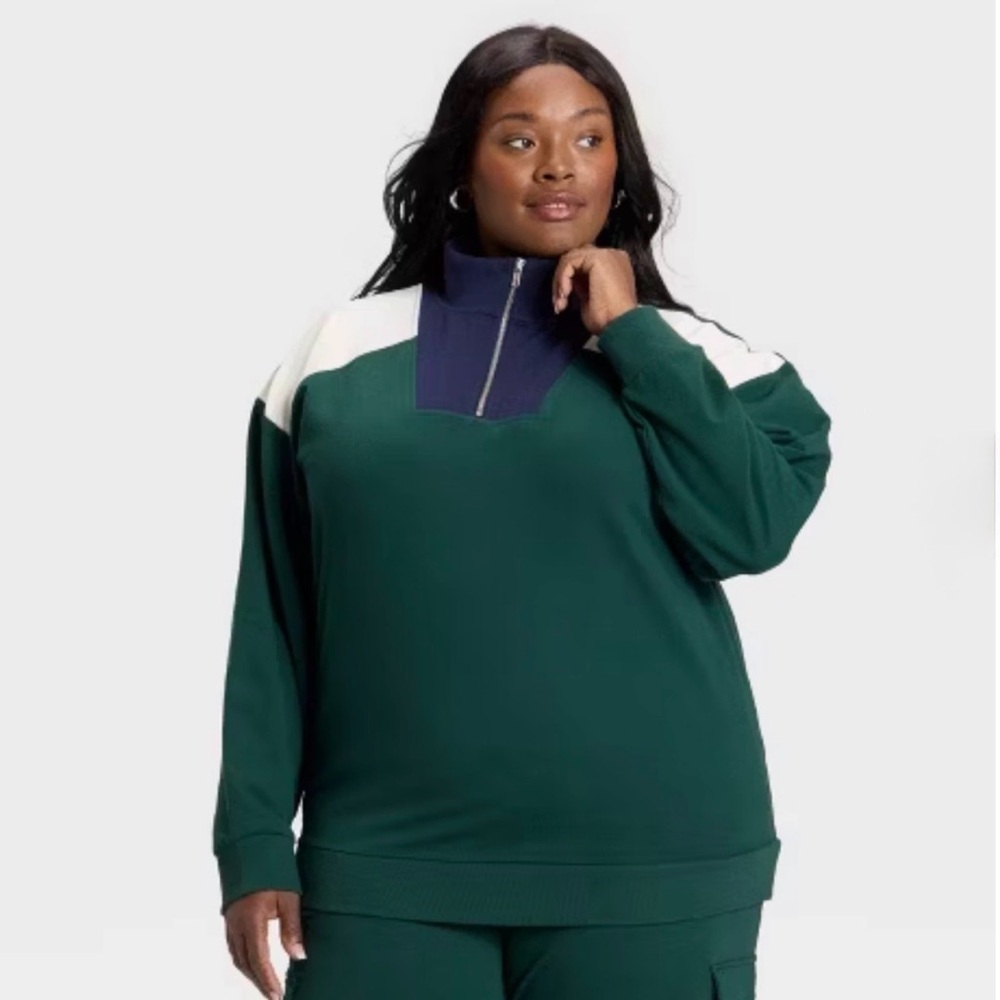 Ava & Viv Pullover Sweatshirt Green Navy Off White Women French Terry Sz 1X NWOT